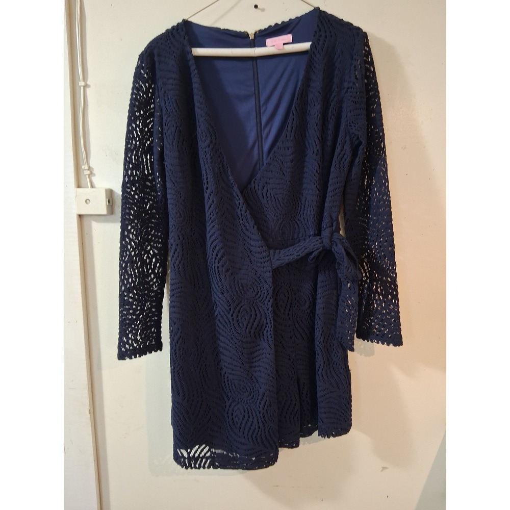 Lilly Pulitzer Navy Blue Lace Wrap Romper Long Sleeve V-Neck Size M Eyelet Skort